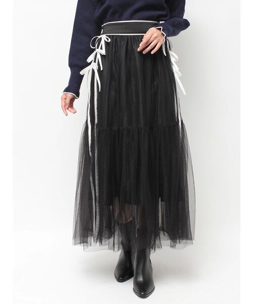 CALNAMUR（カルナムール）の「サイドライン&リボンチュールスカート（スカート・レディース・ホワイト/ブラック・F）」の4枚目の写真