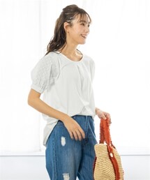 nissen | 大きいサイズ　５分袖コットンレース切替カットソーチュニック(チュニック)