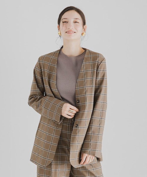 SENSE OF PLACE by URBAN RESEARCH（センスオブプレイスバイアーバンリサーチ）の「チェックノーカラージャケット（ノーカラージャケット・レディース・MOCHA/GREIGE・FREE）」の2枚目の写真