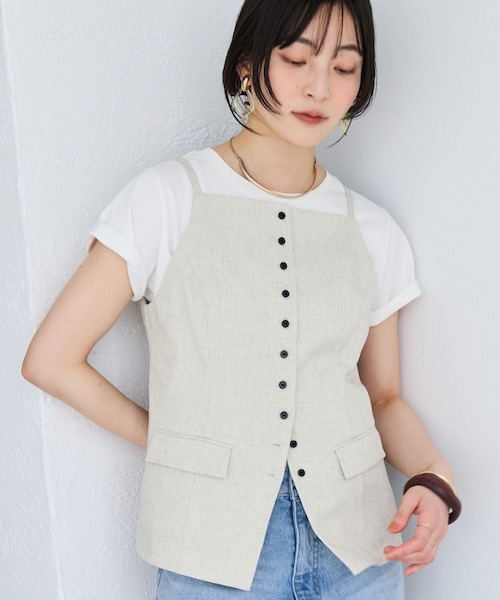 VIS(ビス)の「サマーツィードボタンアップキャミトップス/セットアップ対応(キャミソール・レディース・チャコール/オフホワイト/ベージュ系・F)」の1枚目の写真