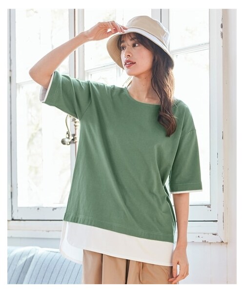 nissen（ニッセン）の「大きいサイズ　綿１００％汗染みしにくい５分袖重ね着風オーバーサイズＴシャツ（フェイクレイヤード）（チュニック・レディース・レッド/黒/グレーベージュ/グレイッシュブルー/ライトカーキ・L/LL/3L/4L/5L/6L/8L/10L）」の13枚目の写真