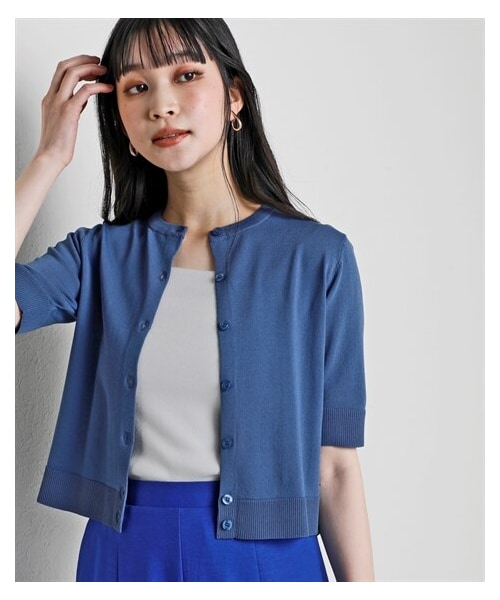 nissen（ニッセン）の「【アイスクリーンプレミアム】クルーネック5分袖ニットカーディガン（持続冷感・接触冷感・毛玉になりにくい・UVカット・洗濯機で洗える・遮熱）＜大きいサイズ有＞（カーディガン/ボレロ・レディース・黒/杢グレー/オフホワイト/スモーキーブルー(終売)/ライムグリーン/ダークグリーン/モカベージュ/ビビットブルー/レモンイエロー/キャメル・S/M/L/LL/3L/4L/5L/6L/8L/10L）」の7枚目の写真