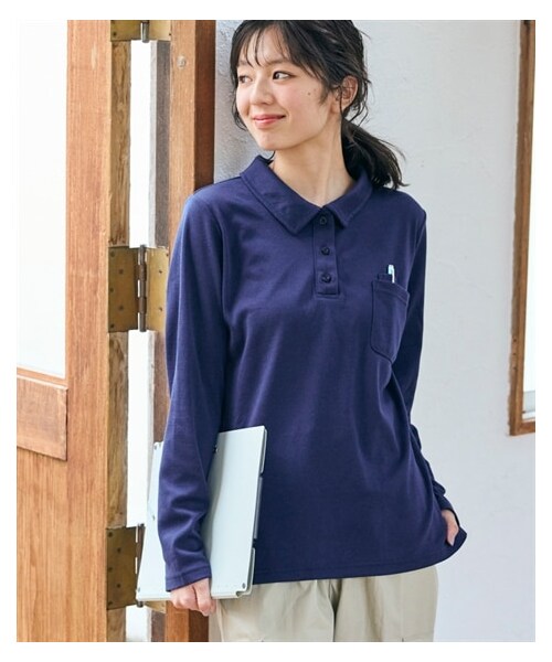 nissen（ニッセン）の「大きいサイズ　ペン差し長袖ポロシャツ（吸汗速乾・UVカット）＜大きいサイズ有＞（ポロシャツ・レディース・杢グレー/ネイビー/黒/オフホワイト・L/LL/3L/4L/5L/6L/8L/10L）」の8枚目の写真