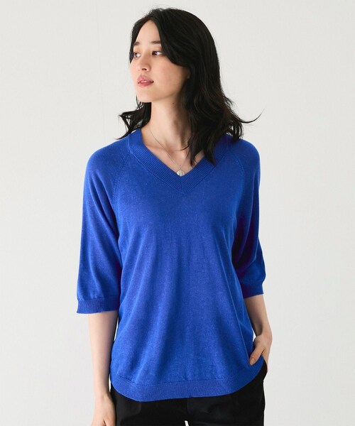 Jayro（ジャイロ）の「Ｖネック5分袖ニットトップス　　（ニット/セーター・レディース・グレー/ベージュ/モスグリーン/ネイビー/ブルー/ピンク/イエロー・F）」の10枚目の写真