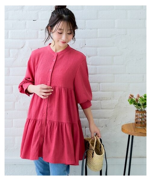 nissen（ニッセン）の「楊柳ティアードシャツチュニック（UVカット）＜大きいサイズ有＞（チュニック・レディース・チェリーピンク/アイスミント/黒・S/M/L/LL/3L）」の14枚目の写真