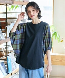 nissen | ＜大きいサイズ＞チェック柄切替ゆったりドルマンスリーブトップス(Tシャツ/カットソー)