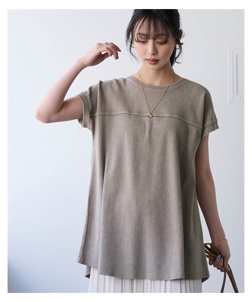 nissen（ニッセン）の「5分袖綿混リブカットソーピグメント加工切り替えワイドロング丈Tシャツ＜大きいサイズ有＞（Tシャツ/カットソー・レディース・ヴィンテージカーキ/デニム調ネイビー/ヴィンテージベージュ/ヴィンテージピンク・S/M/L/LL/3L）」の9枚目の写真