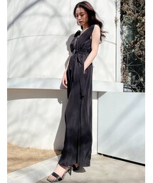 GYDA | サイドプリーツリボンショルダーロンパース(つなぎ/オールインワン)