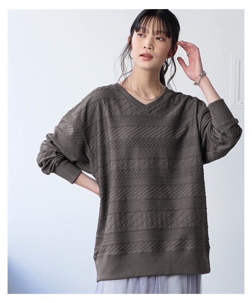 nissen（ニッセン）の「コットンブレンドニットライクジャガードVネックロング丈ゆるトレーナー＜大きいサイズ有＞（チュニック・レディース・グレーベージュ/カーキ/チャコールグレー・S/M/L/LL/3L/4L/5L/6L/8L/10L）」の17枚目の写真