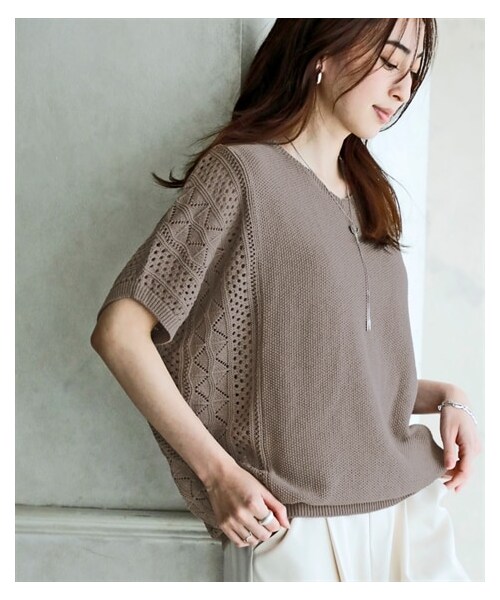 nissen（ニッセン）の「綿１００％透かし編ドルマンニット＜大きいサイズ有＞（ニット/セーター・レディース・黒/アイボリー/モカ/ラベンダーピンク/ソフトグリーン/グレージュ/テラコッタ/ピスタチオ・S/M/L/LL/3L/4L/5L/6L/8L）」の6枚目の写真