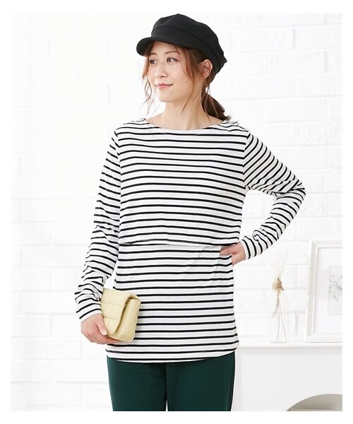 nissen（ニッセン）の「【産前・産後　授乳服】授乳しやすい　ボートネック長袖ボーダーＴシャツ（マタニティウェア/グッズ・レディース・ネイビー×オフ/オフ×ブラウン/【移行済】オフ×グリーン/モカ×ブラック/オフ×ブラック/グレージュ×オーカー/オフ×ベージュ・マタニティM/マタニティL/マタニティLL/マタニティ3L/マタニティ4L/マタニティ5L/マタニティ6L）」の5枚目の写真