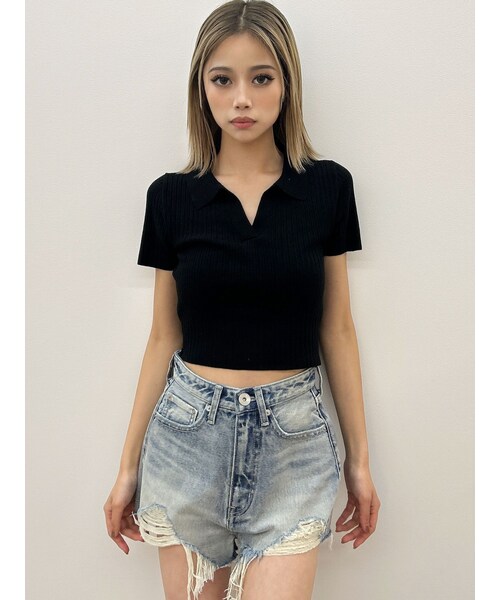 GYDA（ジェイダ）の「BACK OPENハーフスリーブPOLOニットトップス（ニット/セーター・レディース・オフホワイト/ブラック/ミックス・F）」の6枚目の写真