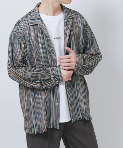 ITEMS URBANRESEARCH(アイテムズ アーバンリサーチ)の「マルチストライプレースオープンカラーシャツ(シャツ/ブラウス・メンズ・BLU/BLK/GRN・M/L)」の15枚目の写真