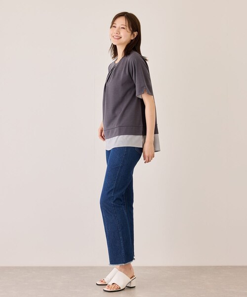 Jayro(ジャイロ)の「配色ストライプ半袖カットソー(Tシャツ/カットソー・レディース・チャコール/ベージュ系/ネイビー/ブルー系・M)」の10枚目の写真
