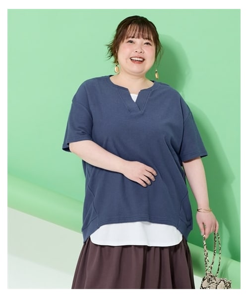 nissen（ニッセン）の「＜大きいサイズ＞綿１００％やわらかドライタッチパイル５分袖キーネックコクーンゆるプルオーバー（吸汗速乾）（Tシャツ/カットソー・レディース・黒/グレーベージュ/ダークブルー/アイリスパープル/ペールオレンジ・L/LL/3L/4L/5L/6L/8L/10L）」の8枚目の写真