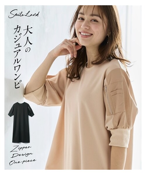 nissen（ニッセン）の「＜大きいサイズ＞ゆるシルエットジップデザインワンピース（ワンピース・レディース・ベージュ/黒・L~LL/3L~4L/5L~6L/8L/10L）」の2枚目の写真