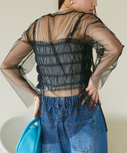 VIS(ビス)の「【SET】チュールレイヤードカットソー&ビスチェキャミソール(Tシャツ/カットソー・レディース・ブラック/ブラック系/グレー/キナリ・F)」の3枚目の写真