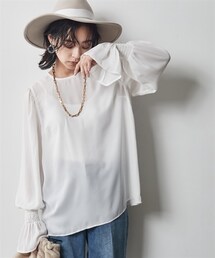 CHIC STYLE | 大きいサイズフリル袖ノーカラーブラウスシックスタイル(シャツ/ブラウス)