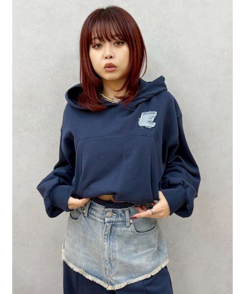 EVRIS（エヴリス）の「デニムワンポイントバルーンショートフーディ【セットアップ着用可能】（パーカー・レディース・グレー/ブラック/ネイビー・F）」の17枚目の写真