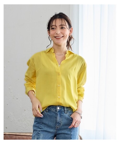 nissen（ニッセン）の「大きいサイズ 肌ざわりさらり　リネン混シンプル長袖シャツ（シャツ/ブラウス・レディース・フューシャピンク/イエロー/ネイビー/ピスタチオグリーン/オフホワイト・L/LL/3L/4L/5L/6L/8L/10L）」の4枚目の写真