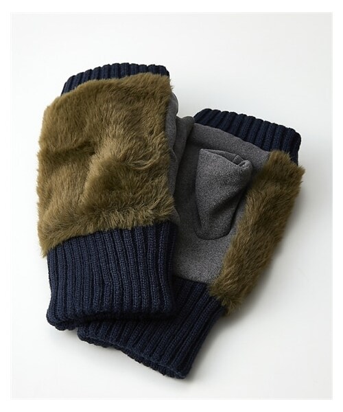 nissen（ニッセン）の「ファー×フリースバイカラーハンドウォーマー（手袋・メンズ・ネイビー系/カーキ系/ベージュ系・Y）」の2枚目の写真