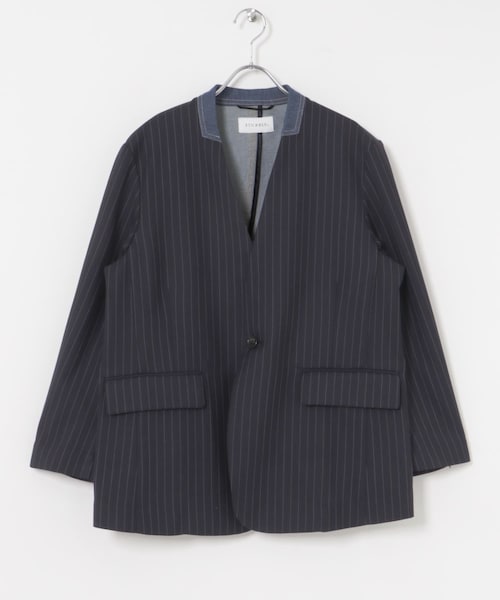 URBAN RESEARCH（アーバンリサーチ）の「STUMBLY　DENIM COMBI NO COLLAR JK（ノーカラージャケット・レディース・STRIPE/GLENCHECK・38）」の2枚目の写真