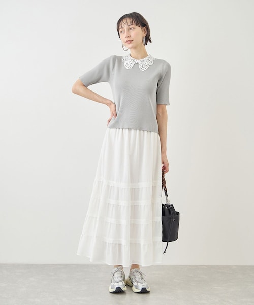 ROPE' PICNIC(ロペピクニック)の「レースカラーハーフスリーブリブニット(ニット/セーター・レディース・ライトグレー/オフホワイト/ネイビー・M/S)」の8枚目の写真