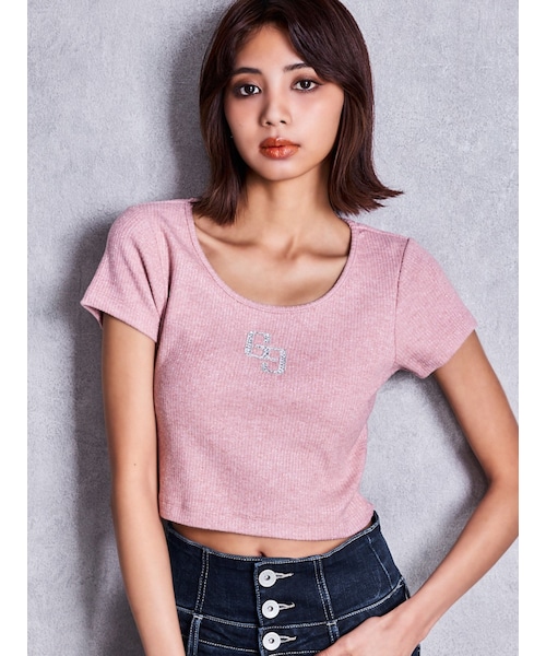 GYDA(ジェイダ)の「GGロゴラインストーンラメテレコハーフスリーブトップス(Tシャツ/カットソー・レディース・オフホワイト/ブラック/ピンク・F)」の6枚目の写真