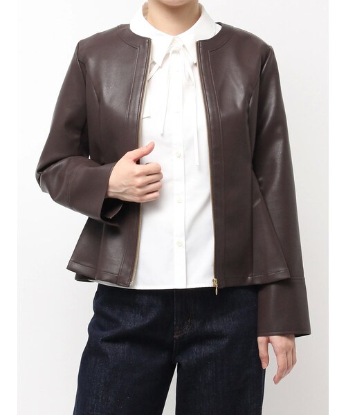 dazzlin（ダズリン）の「ウエストシェイプフェイクレザージャケット（ノーカラージャケット・レディース・ブラック/ブラウン/ベージュ・S/M）」の14枚目の写真