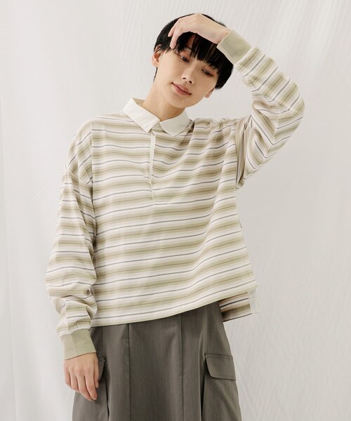 EKAL（エカル）の「ネイチャーボーダープルオーバー（Tシャツ/カットソー・レディース・MILK WHITE/MOSS KHAKI・one）」の5枚目の写真