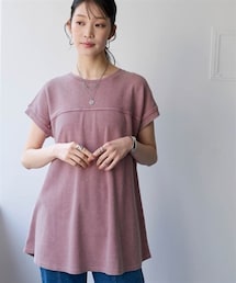nissen | 5分袖綿混リブカットソーピグメント加工切り替えワイドロング丈Tシャツ＜大きいサイズ有＞(Tシャツ/カットソー)