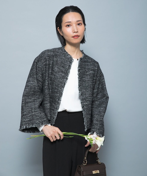 URBAN RESEARCH ROSSO（アーバンリサーチロッソ）の「ツイードショートジャケット（ノーカラージャケット・レディース・OFF WHITE/BLACK・Free）」の3枚目の写真