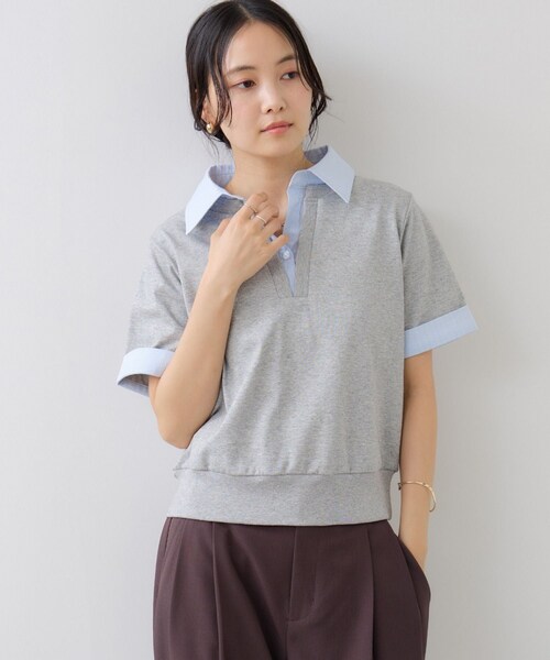 VIS(ビス)の「ICE BEAUTY ドッキング衿ハーフスリーブプルオーバー/UVケア・接触冷感・汗染み防止(Tシャツ/カットソー・レディース・チャコール/ライトグレー/オフホワイト・F)」の18枚目の写真