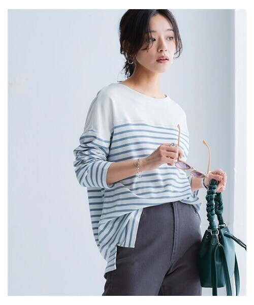 nissen（ニッセン）の「綿１００％スムースパネル風ボーダーカットソートップス＜大きいサイズ有＞（Tシャツ/カットソー・レディース・オフホワイト×ペールブルー/オフホワイト×ベージュ/ライトグレー×オフホワイト/オフホワイト×ネイビー/オフホワイト*ネイビー/ネイビー×モカ/オフホワイト×ミルキーピンク/(新色)オフホワイト×ミルキーピンク/オフホワイト×ミルキーグリーン/(新色)オフホワイト×ミルキーグリーン・S/M/L/LL/3L/4L/5L/6L/8L/10L）」の22枚目の写真