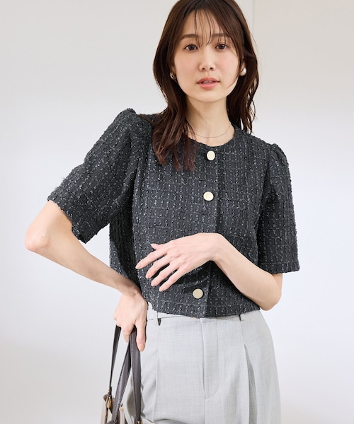 ROPE' PICNIC（ロペピクニック）の「【サマー・ツイード】金ボタンカーディジャケット（ノーカラージャケット・レディース・チャコール/ライトグレー/ホワイト/ネイビー・38）」の9枚目の写真