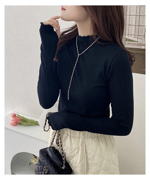 nissen（ニッセン）の「ハイネック　指穴付リブカットソー（ニット/セーター・レディース・黒/杢グレー/レンガ/ブルー・M/L/LL）」の2枚目の写真