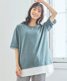 nissen | 大きいサイズ綿100％５分袖汗染みしにくいフェイクレイヤードオーバーサイズＴシャツ（薄手素材）(チュニック)