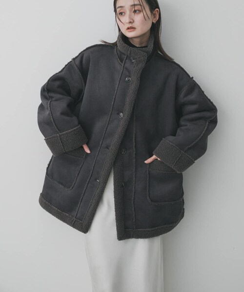 SENSE OF PLACE by URBAN RESEARCH（センスオブプレイスバイアーバンリサーチ）の「フェイクムートンスタンドジャケット（ムートンコート・レディース・BROWN/CHARCOAL/IVORY・One）」の4枚目の写真