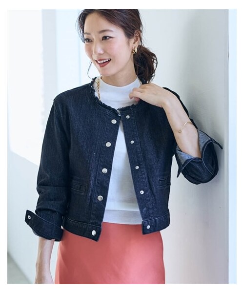 nissen（ニッセン）の「ノーカラーGジャン【OtonaSMILE】（ジャケット/アウター・レディース・黒/ユーズドブルー・M/L/LL/3L/4L/5L/6L）」の8枚目の写真