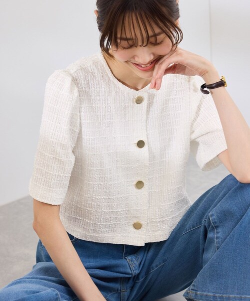 ROPE' PICNIC（ロペピクニック）の「【サマー・ツイード】金ボタンカーディジャケット（ノーカラージャケット・レディース・チャコール/ライトグレー/ホワイト/ネイビー・38）」の20枚目の写真