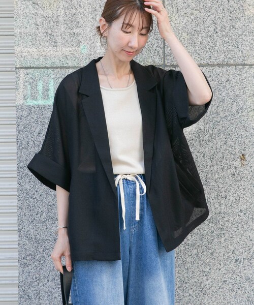 ITEMS URBANRESEARCH(アイテムズ アーバンリサーチ)の「メッシュ半袖ジャケット(テーラードジャケット・レディース・BLK/BEG・Free)」の1枚目の写真