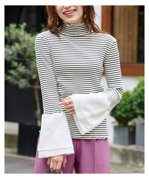 nissen（ニッセン）の「大きいサイズ 袖布帛切替カットソー（Tシャツ/カットソー・レディース・オフ×黒/黒・L/LL/3L/4L/5L/6L/8L/10L）」の9枚目の写真