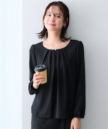 nissen | 【カットソー裏地付】シフォン前タック９分袖ブラウス（裾ふらし）<大きいサイズ有>(シャツ/ブラウス)