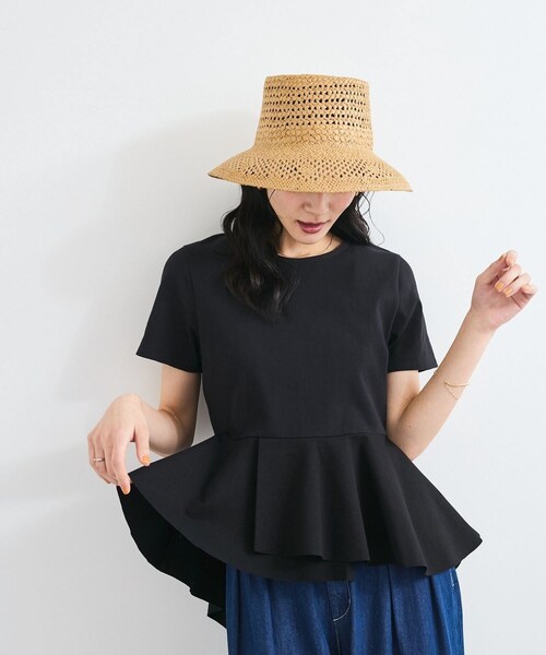 VIS（ビス）の「イレギュラーヘム異素材ドッキングペプラムプルオーバー（Tシャツ/カットソー・レディース・ブラック/オフホワイト/カーキ系・F）」の6枚目の写真