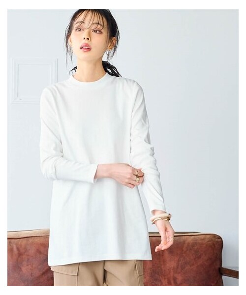 nissen（ニッセン）の「綿１００％フライス素材モックネックフレアチュニックＴシャツ（UVカット）＜大きいサイズ有＞（Tシャツ/カットソー・レディース・黒/オフホワイト/グレージュ/杢チャコールグレー/ネイビー/ライムグリーン/トープ/ディープグリーン/クラウドピンク・L/LL/3L/4L/5L/6L/8L/10L/S/M）」の12枚目の写真
