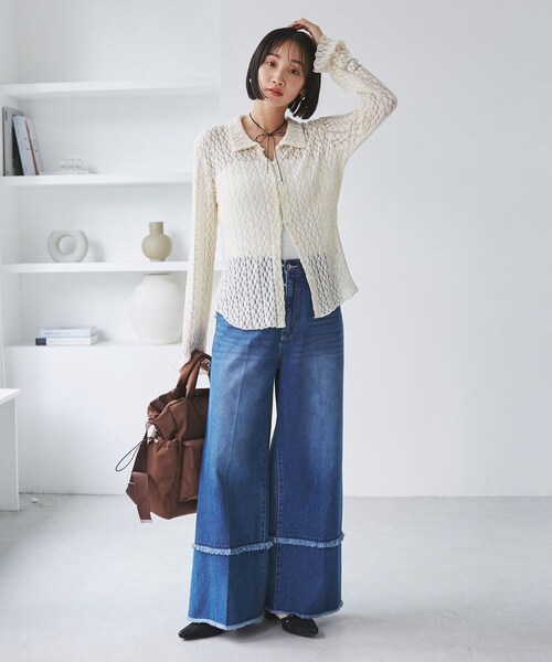 VIS（ビス）の「レースポロ襟カーディガン（カーディガン/ボレロ・レディース・ブラック/キナリ/ブラウン系・F）」の10枚目の写真