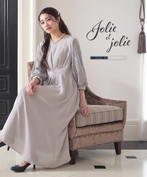 Jolie et Jolie | 【結婚式・パーティードレス】袖レース使いVネックウエストタックデザインワンピースドレス＜大きいサイズ有＞(ドレス)