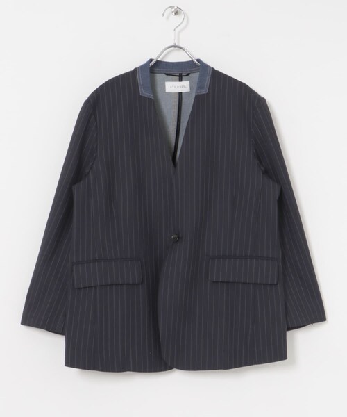 URBAN RESEARCH（アーバンリサーチ）の「STUMBLY　DENIM COMBI NO COLLAR JK（ノーカラージャケット・レディース・STRIPE/GLENCHECK・38）」の3枚目の写真