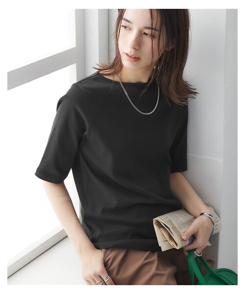 nissen（ニッセン）の「ＵＶカット綿１００％フライス素材ボートネック５分袖Ｔシャツ（Tシャツ/カットソー・レディース・オフホワイト/黒/グレージュ/ディープグリーン/ブルー/ローズ/ラベンダー/カーキグレー・S/M/L/LL/3L）」の9枚目の写真