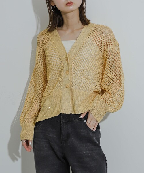 SENSE OF PLACE by URBAN RESEARCH（センスオブプレイスバイアーバンリサーチ）の「スパンコールメッシュカーディガン（カーディガン/ボレロ・レディース・CHARCOAL/IVORY/YELLOW・one）」の5枚目の写真